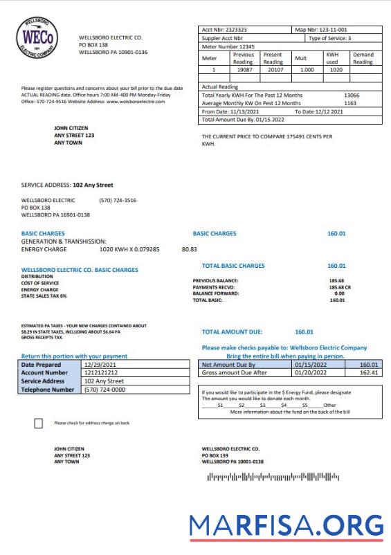 Printable USA Pennsylvania Wellsboro Electric utility bill template in Word and PDF format